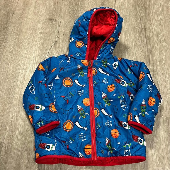 Lands End Reversible Winter Puffer Jacket 3T Red Blue Outer Space - Picture 1 of 4